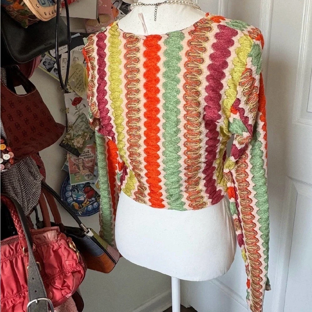 Free People Colorful Crochet V-Neck Long Sleeve Large